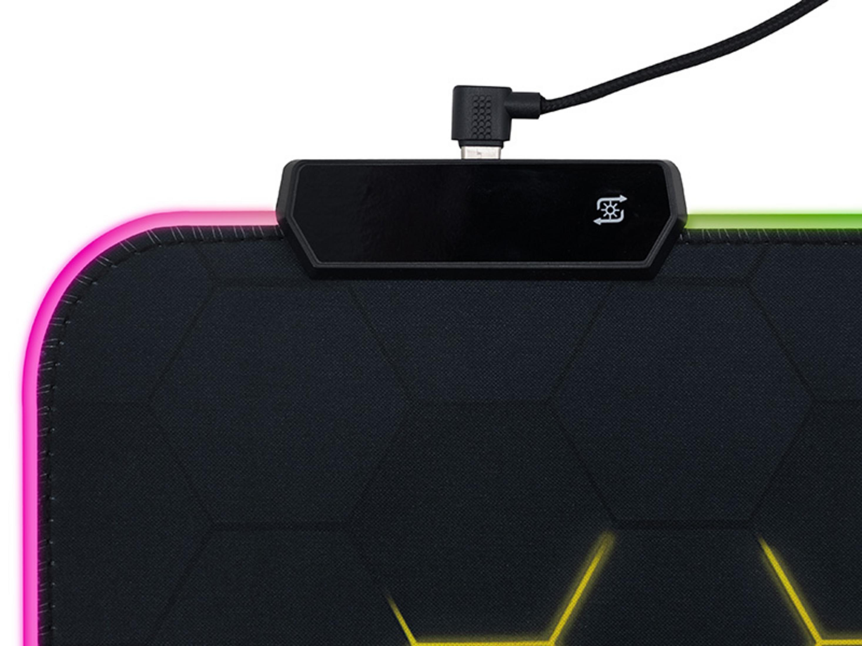 Tappetino per mouse nero con illuminazione RGB e connessione USB.