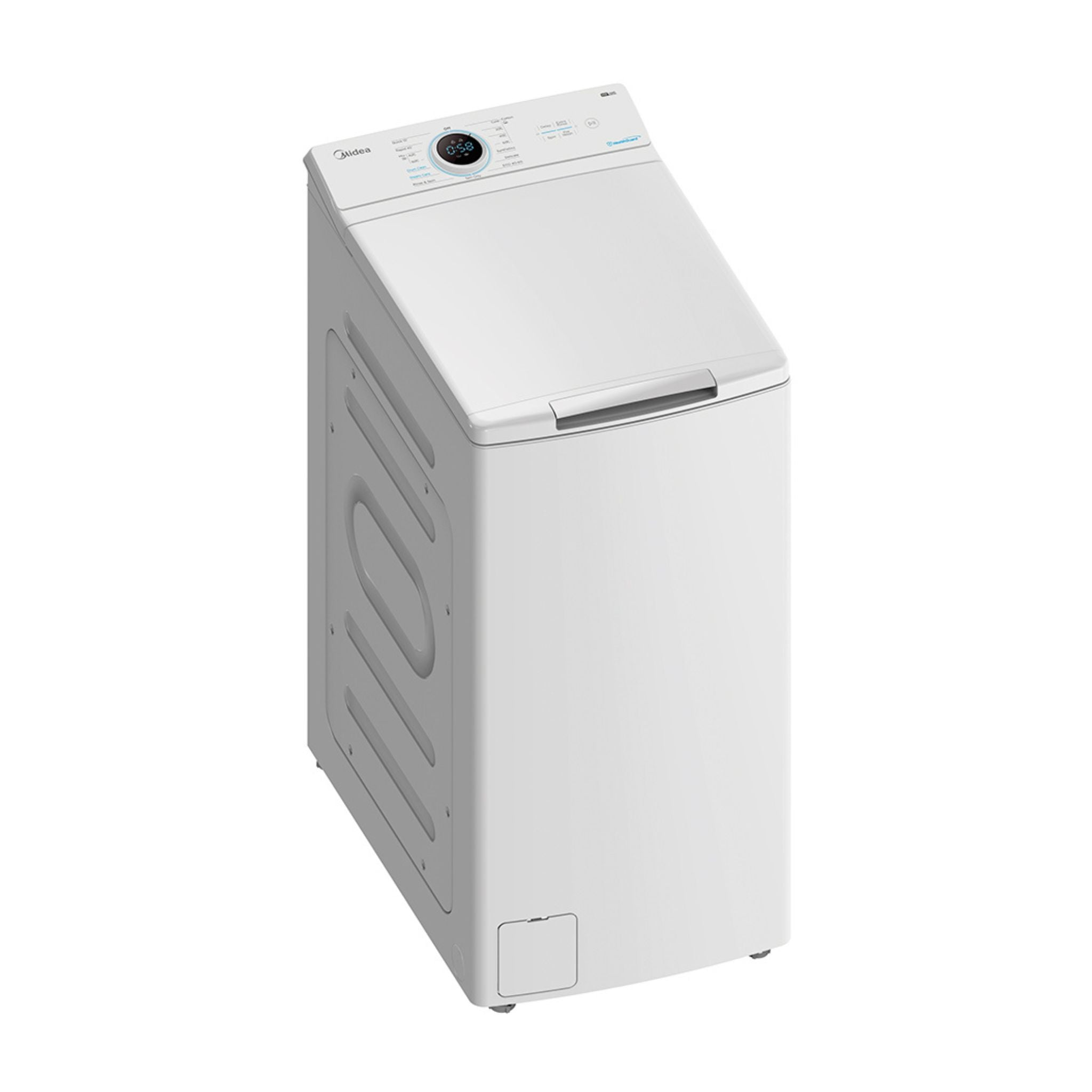 Une machine à laver blanche avec panneau de commande et écran est présentée sur fond blanc.