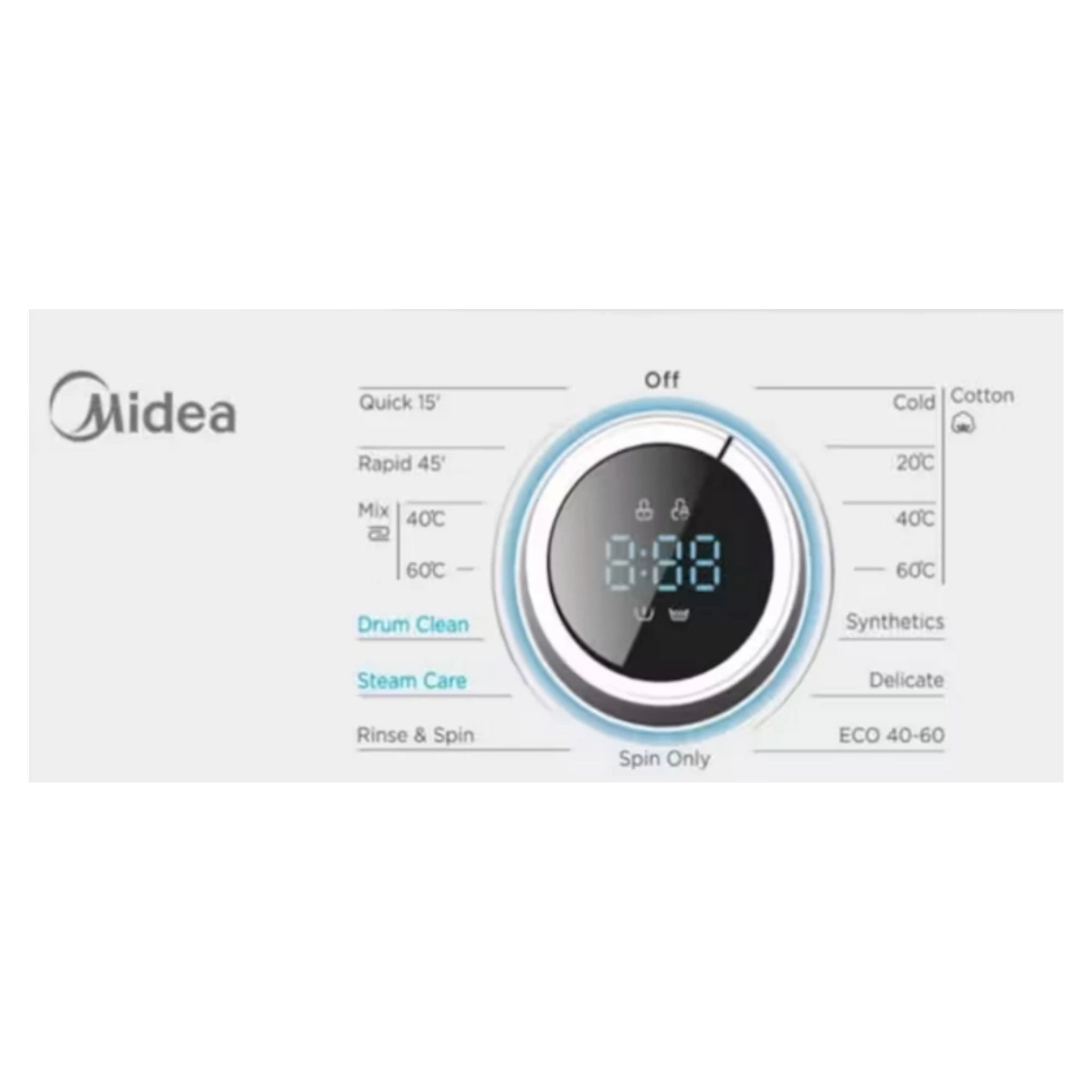 Panneau de commande de machine à laver Midea avec programmes comme Rapide 15', Mix, Nettoyage tambour, Soin vapeur, Rinçage et Essorage.