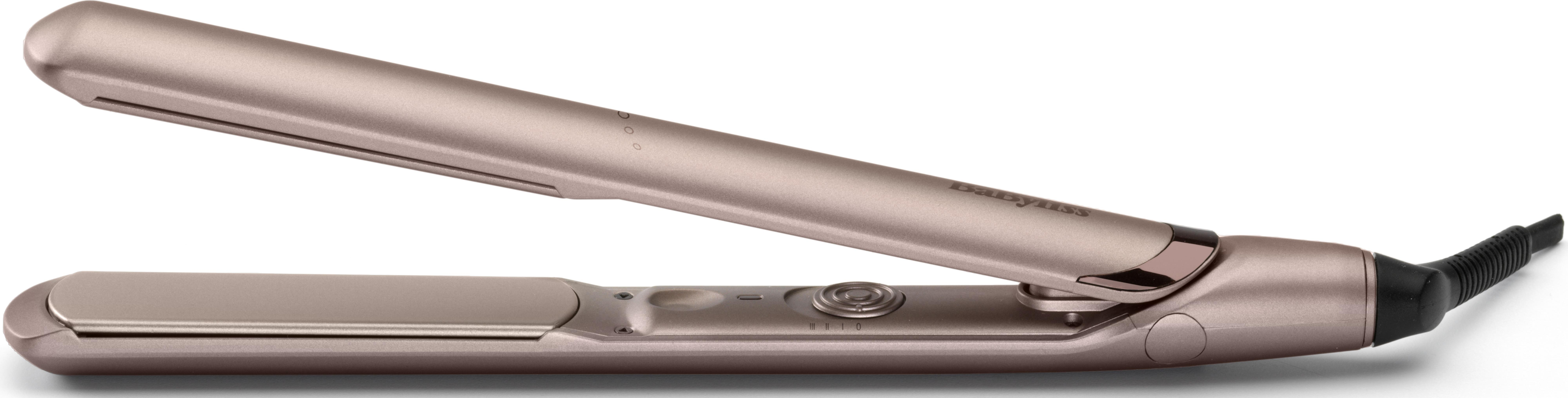 Un lisseur or rose avec logo Babyliss et commandes.