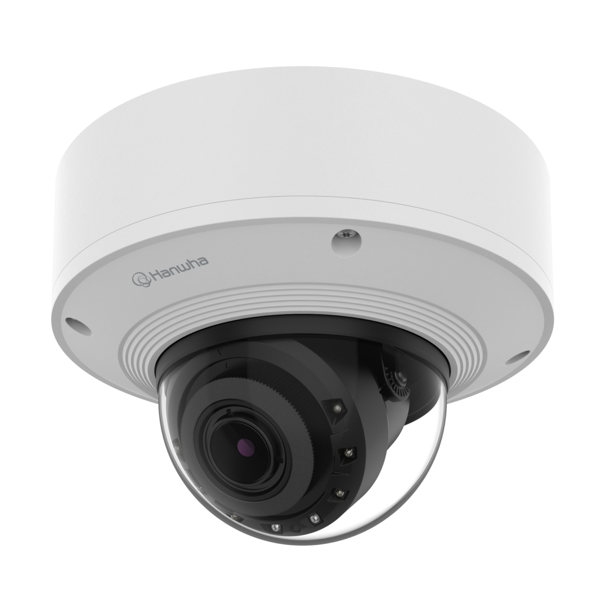 Biała kamera kopułkowa Hanwha.