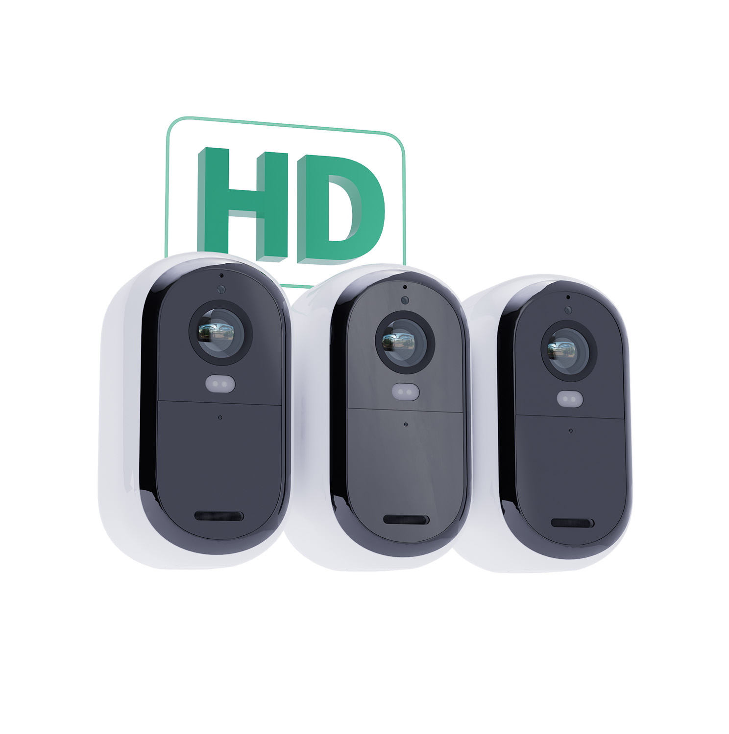 Tre telecamere di sicurezza HD bianche e nere una accanto all'altra.