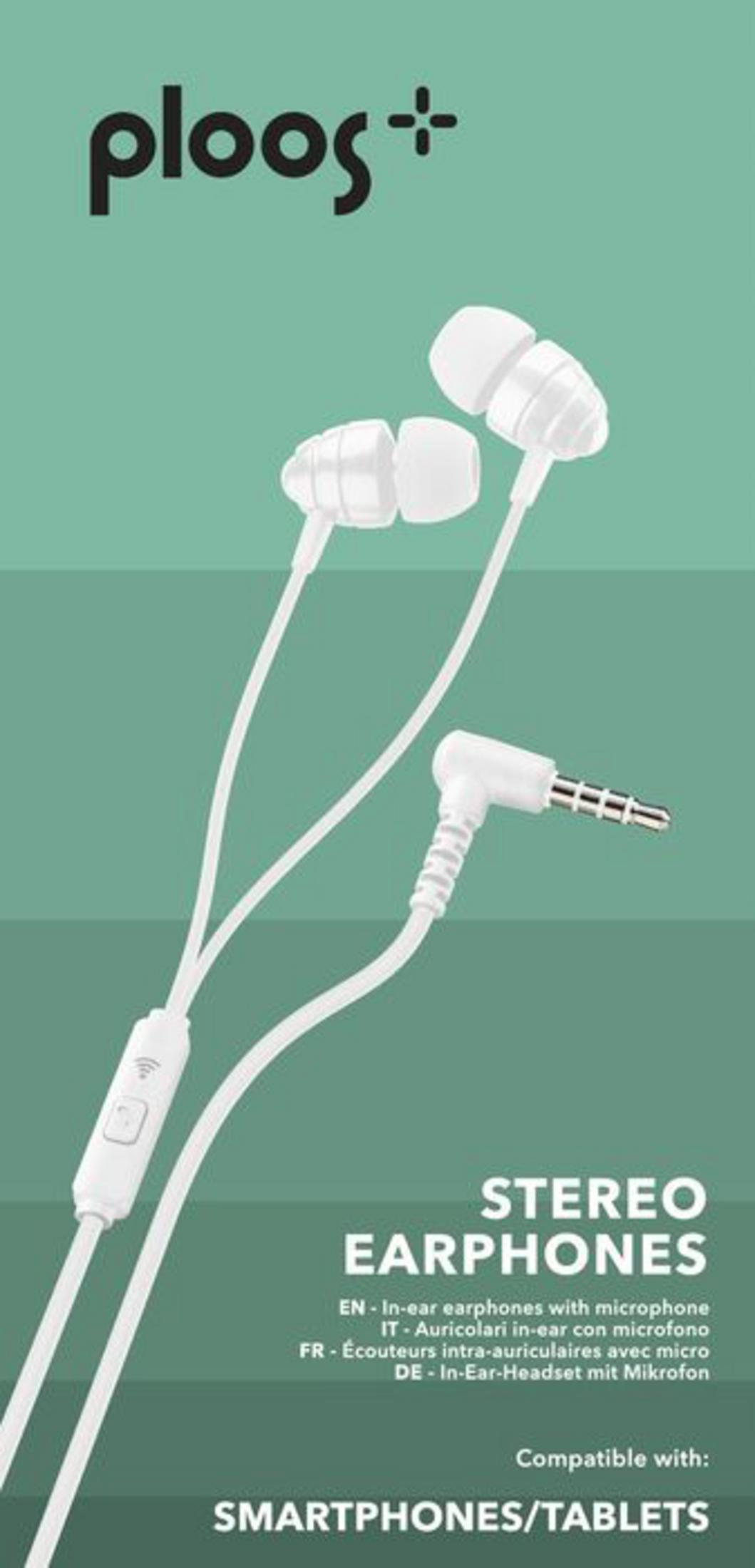 White in-ear earphones with microphone and 3.5mm jack by Ploos.