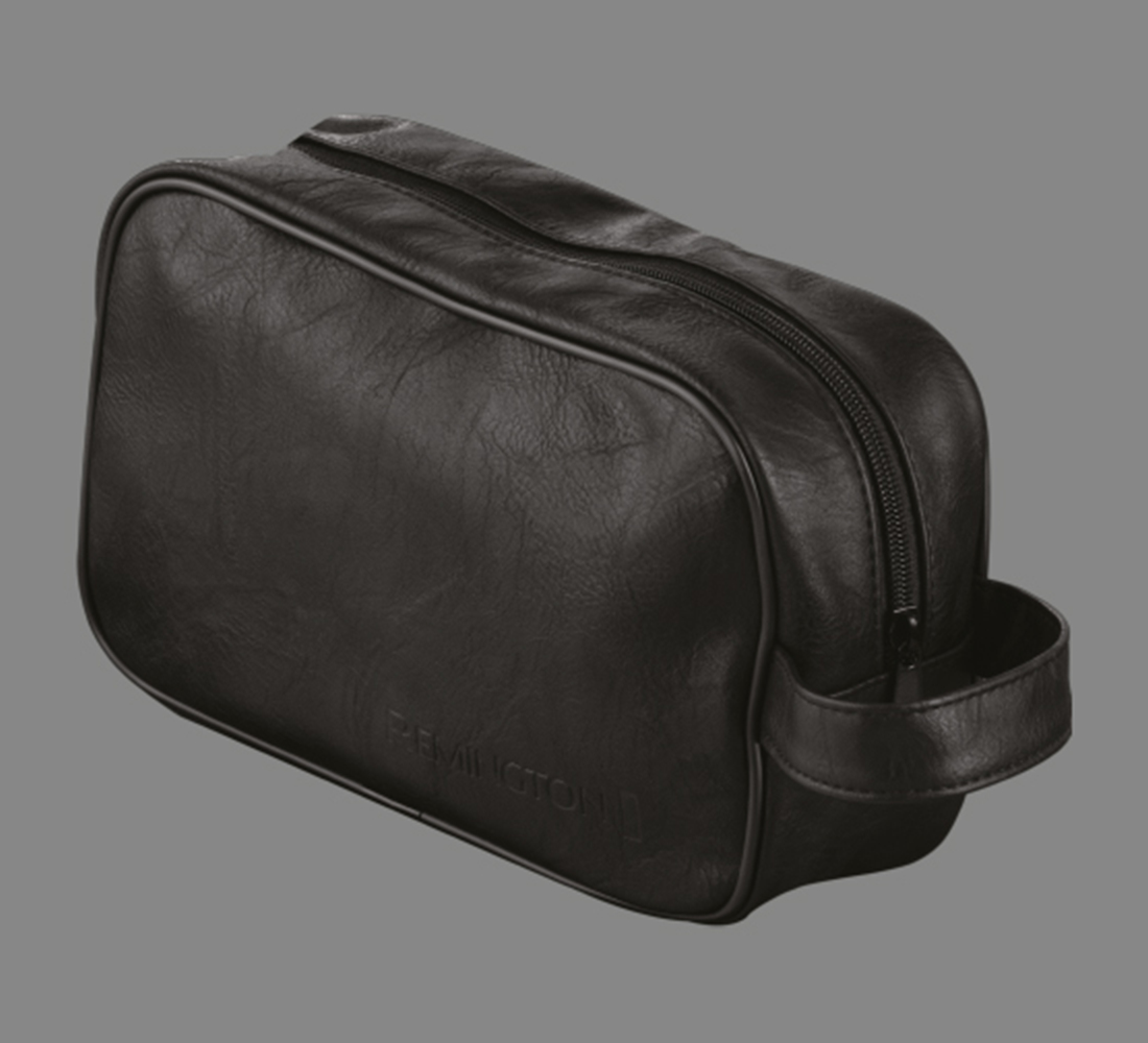 Beauty case nero in similpelle con cerniera e manico.