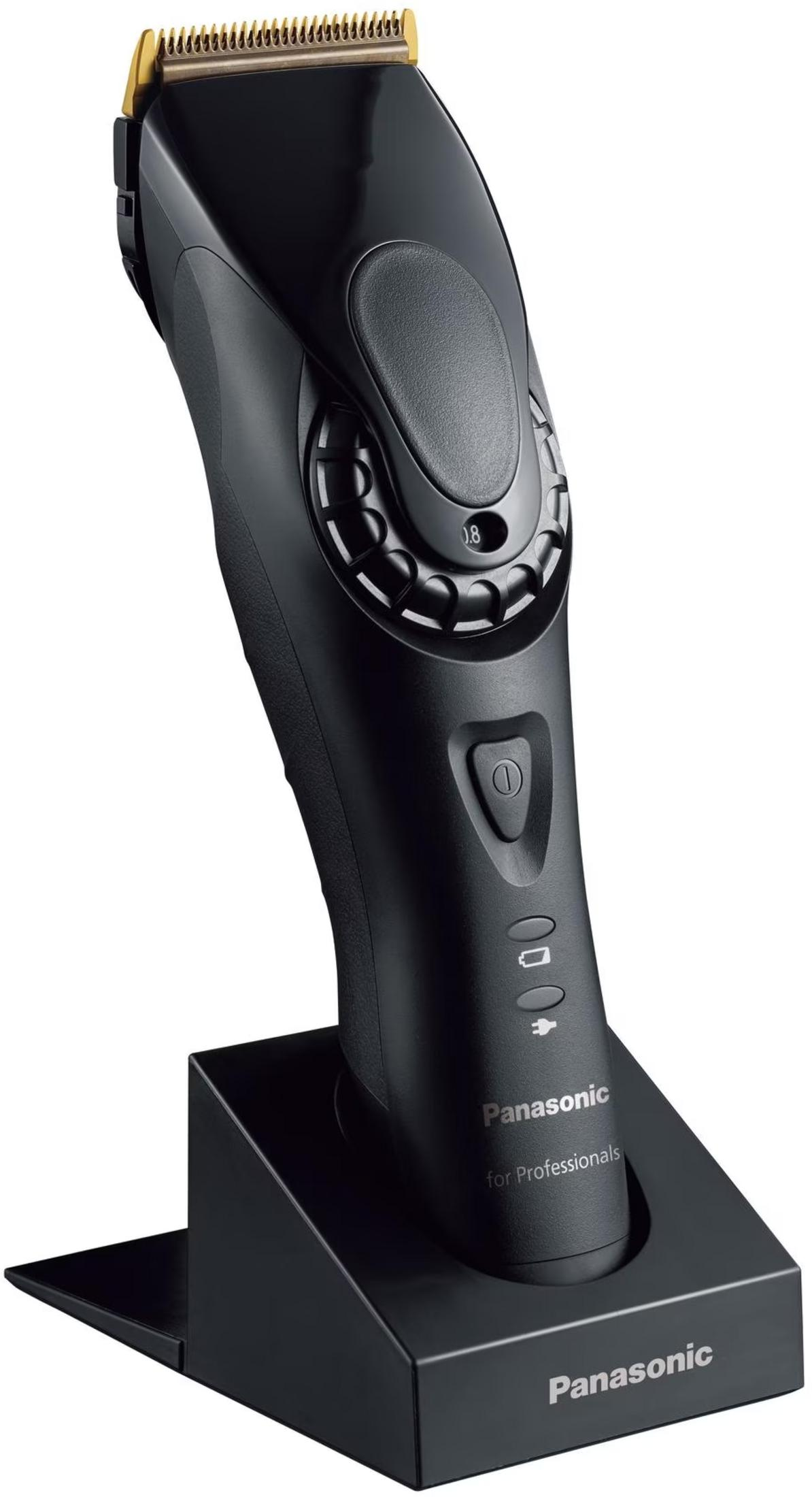 Tondeuse Panasonic noire avec socle de chargement, lame dorée.