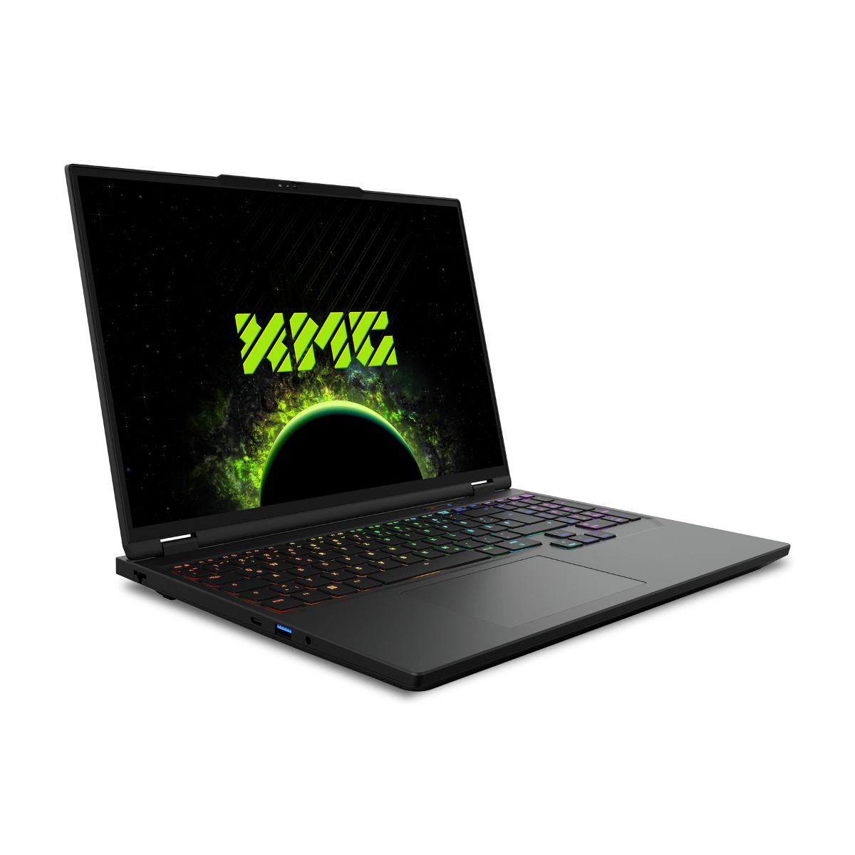 Schwarzer Laptop mit beleuchteter Tastatur und Weltraumhintergrund.