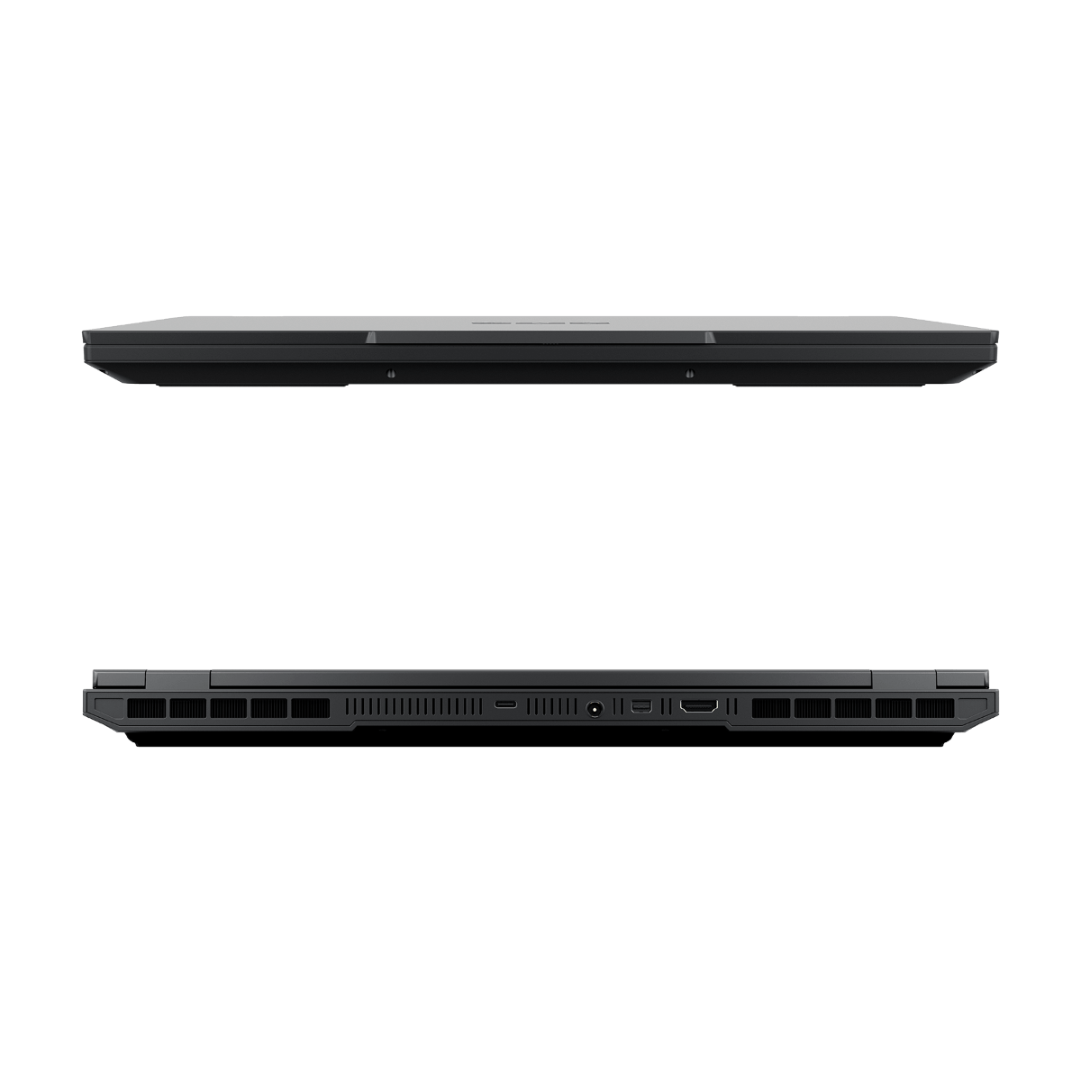 Geschlossener schwarzer Laptop von oben und von der Seite mit Anschlüssen.