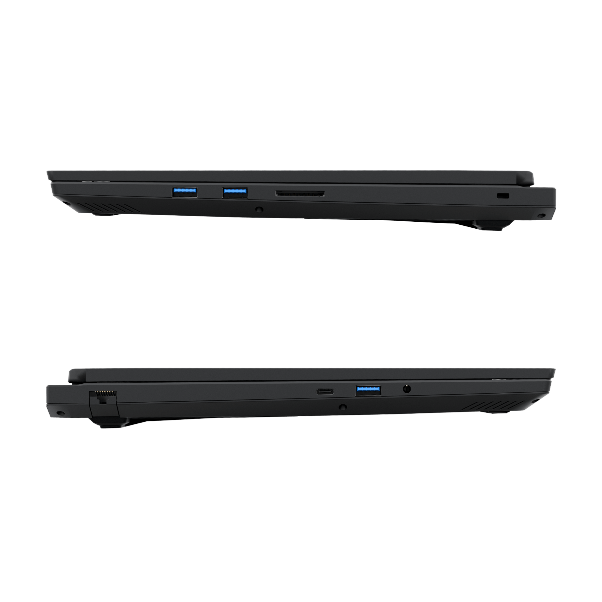 Schwarzer Laptop mit Anschlüssen: USB-A, SD-Kartenleser, USB-C, Kopfhöreranschluss.