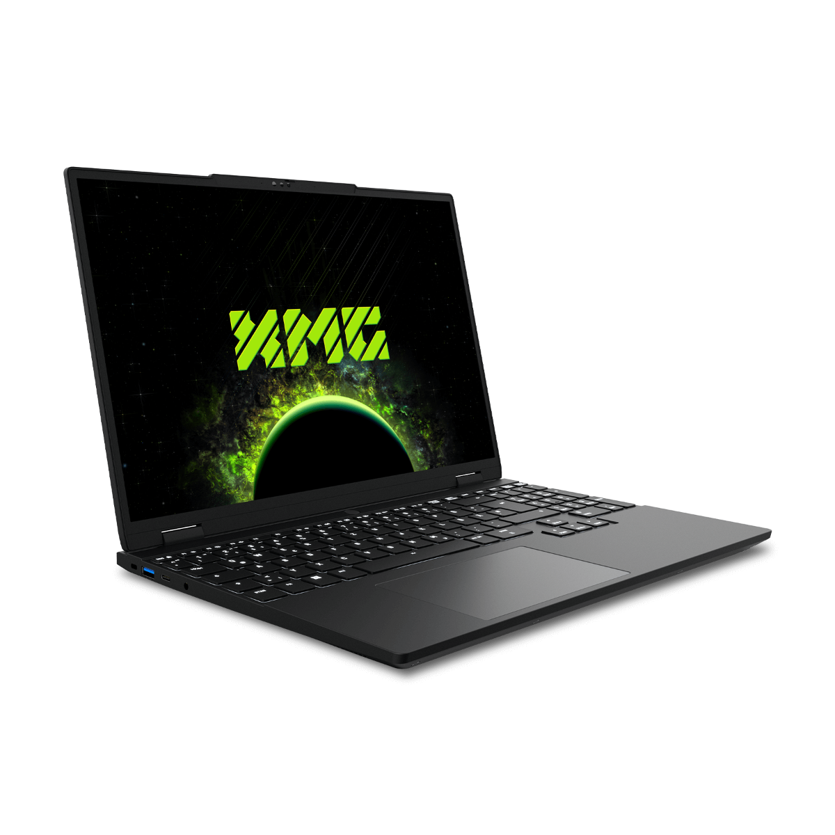 Schwarzer Laptop mit grünem Weltraum-Hintergrund und Logo auf dem Bildschirm.
