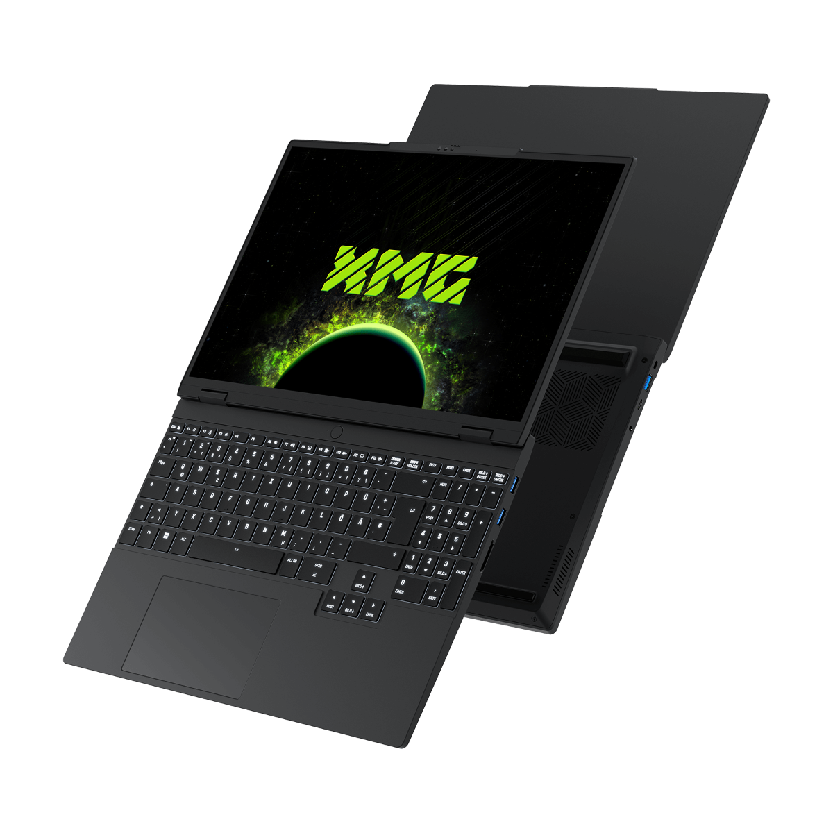 Ein schwarzer Laptop mit beleuchteter Tastatur und Weltraum-Hintergrundbild.