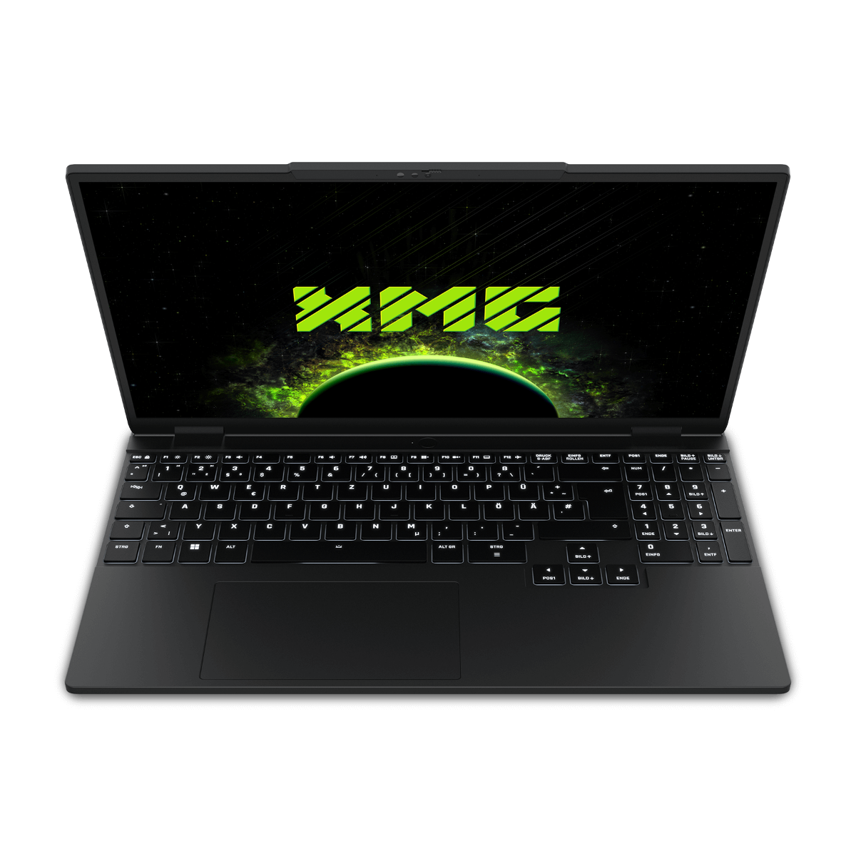 Schwarzer Laptop mit XMG-Logo auf dem Bildschirm und Weltraumhintergrund.