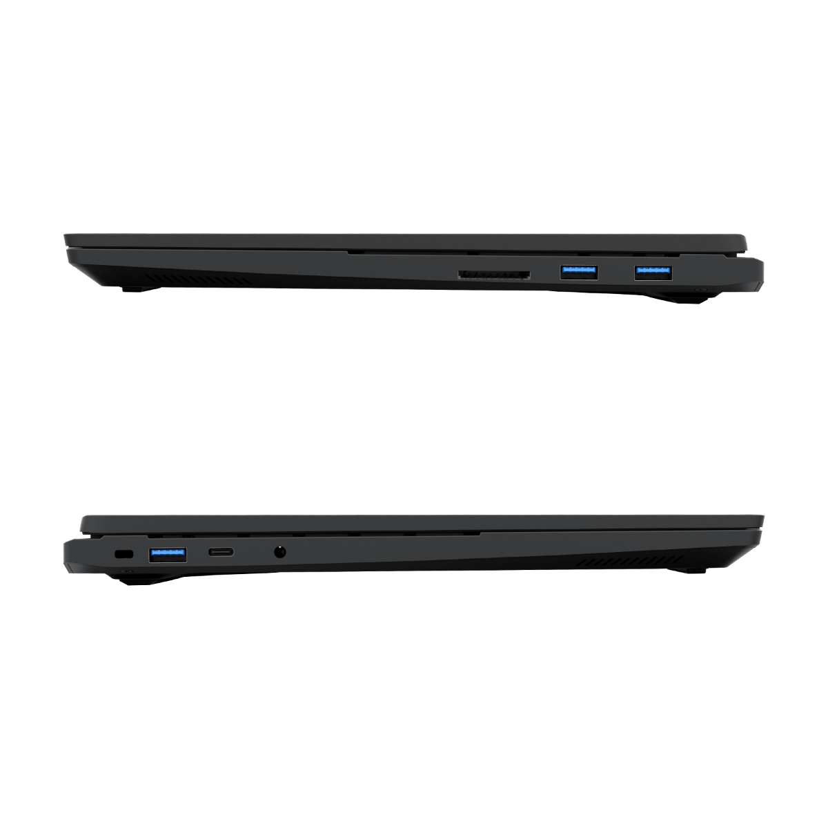 Schwarzer Laptop von der Seite: Ports und Lüftungsschlitze.