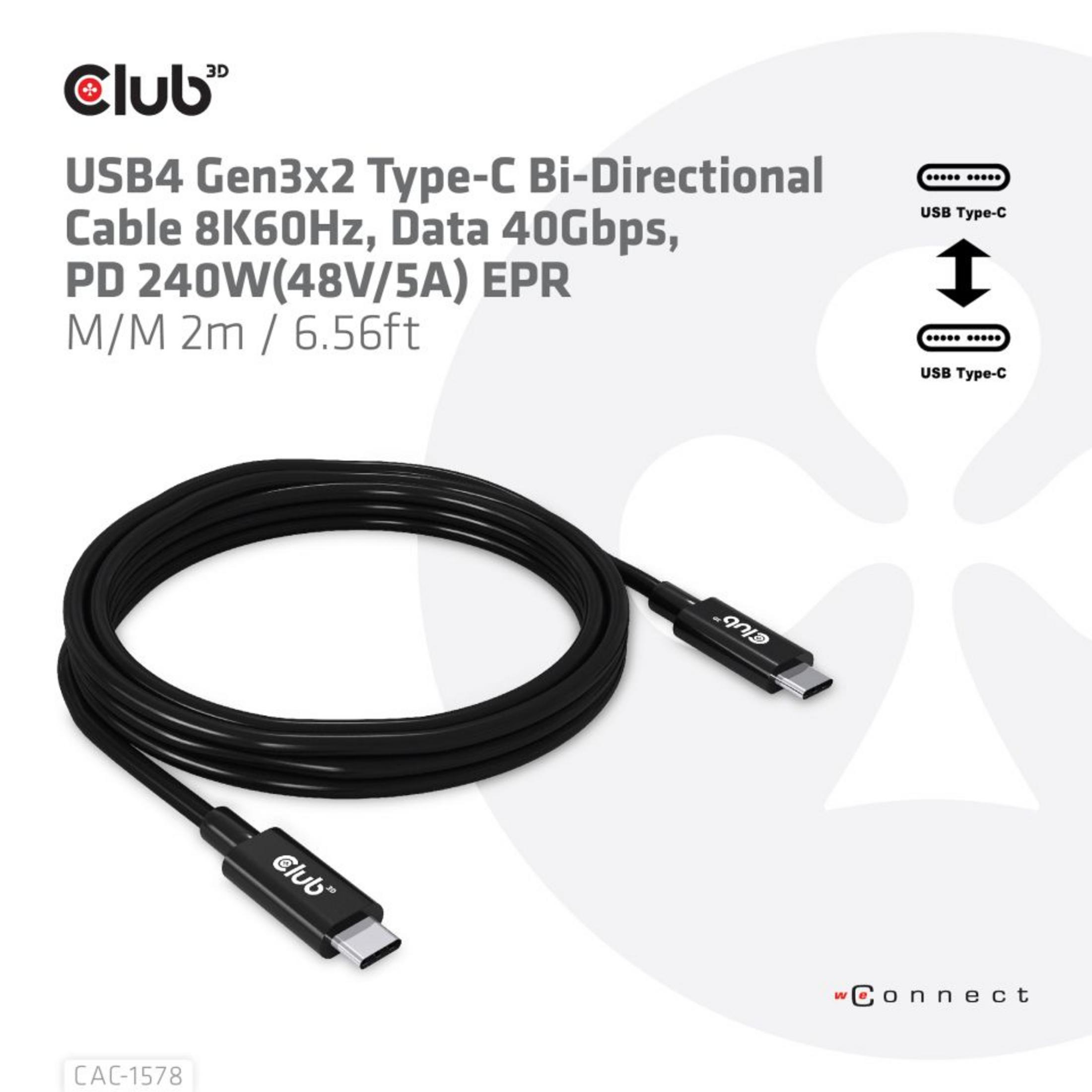Un cable Club 3D USB4 negro con conectores Tipo-C está enrollado, mostrando sus especificaciones.