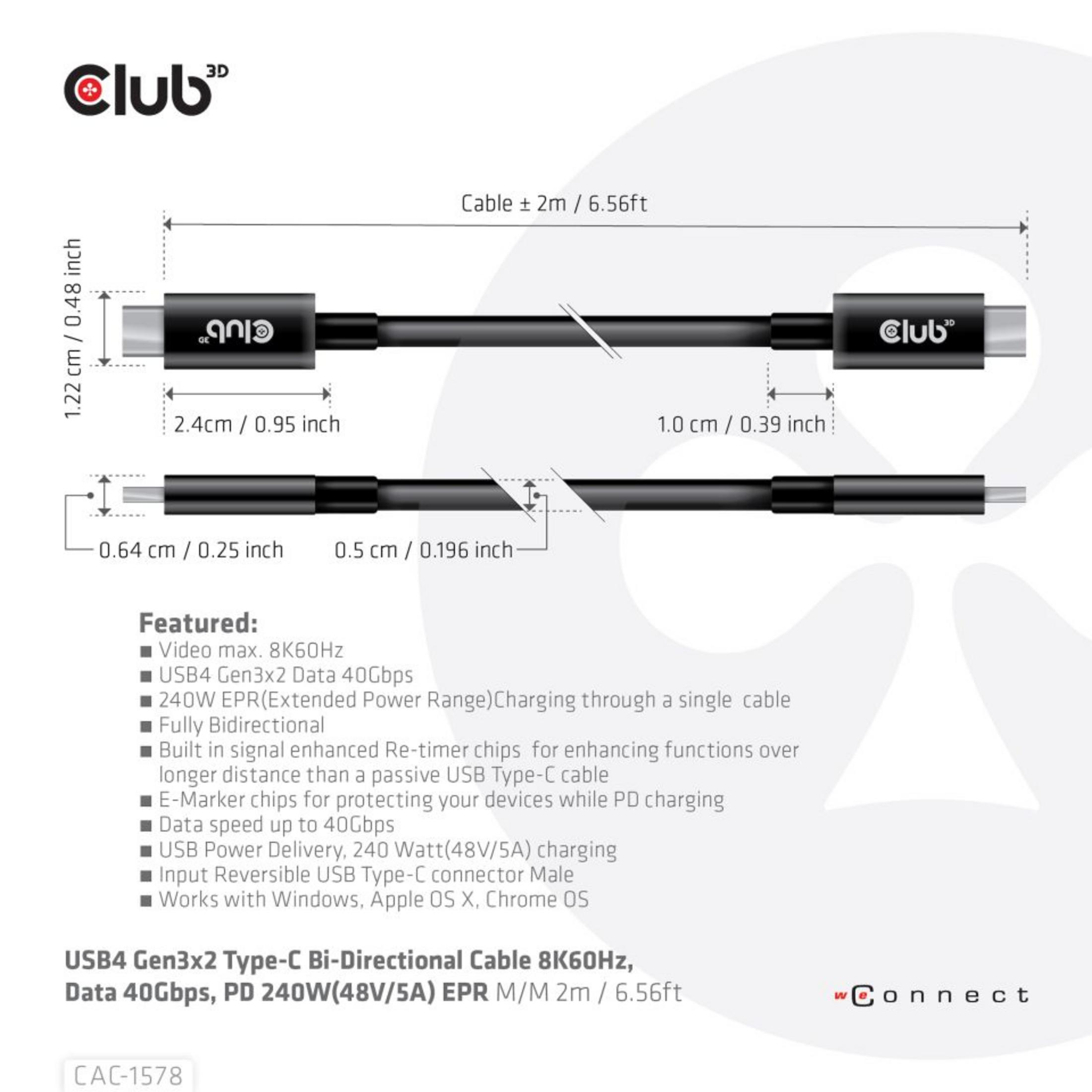Un cable USB4 Gen3x2 Tipo-C negro con conectores plateados y dimensiones.