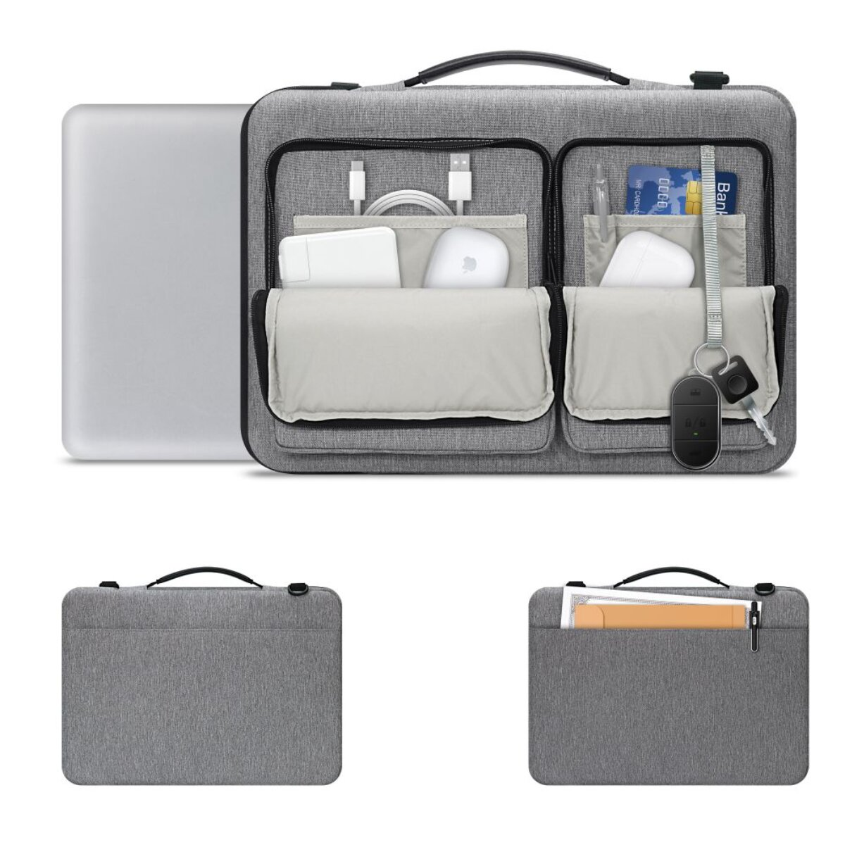 Graue Laptoptasche mit Laptop, Ladegerät, Kopfhörern, Kreditkarte und Schlüsseln.
