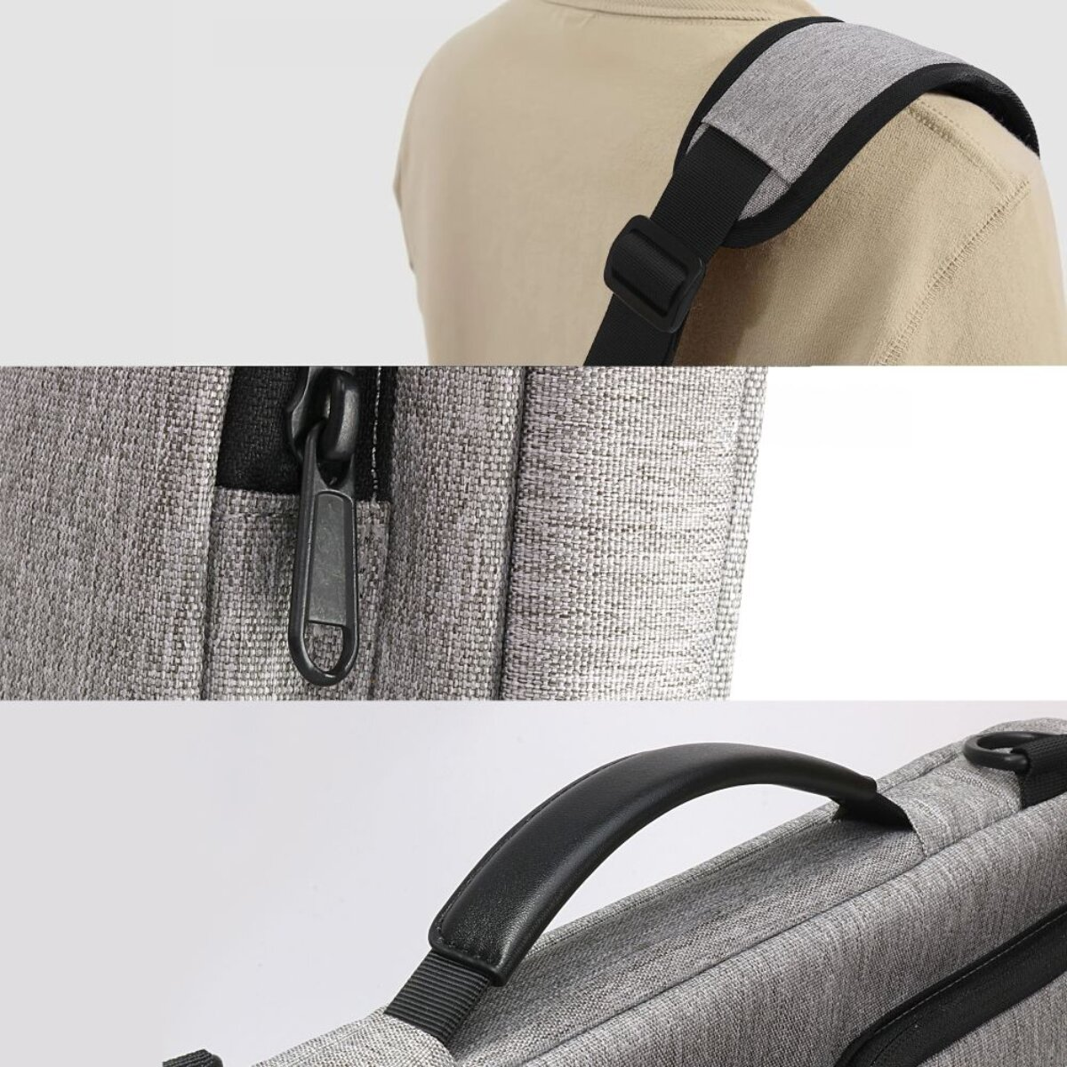 Graue Tasche mit Reißverschluss und Tragegriff, Detailaufnahme.