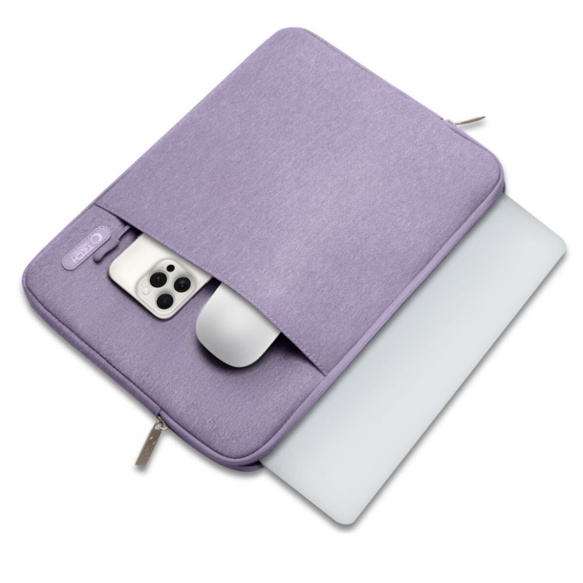 Eine lila Laptoptasche mit einem Smartphone und einer Maus.