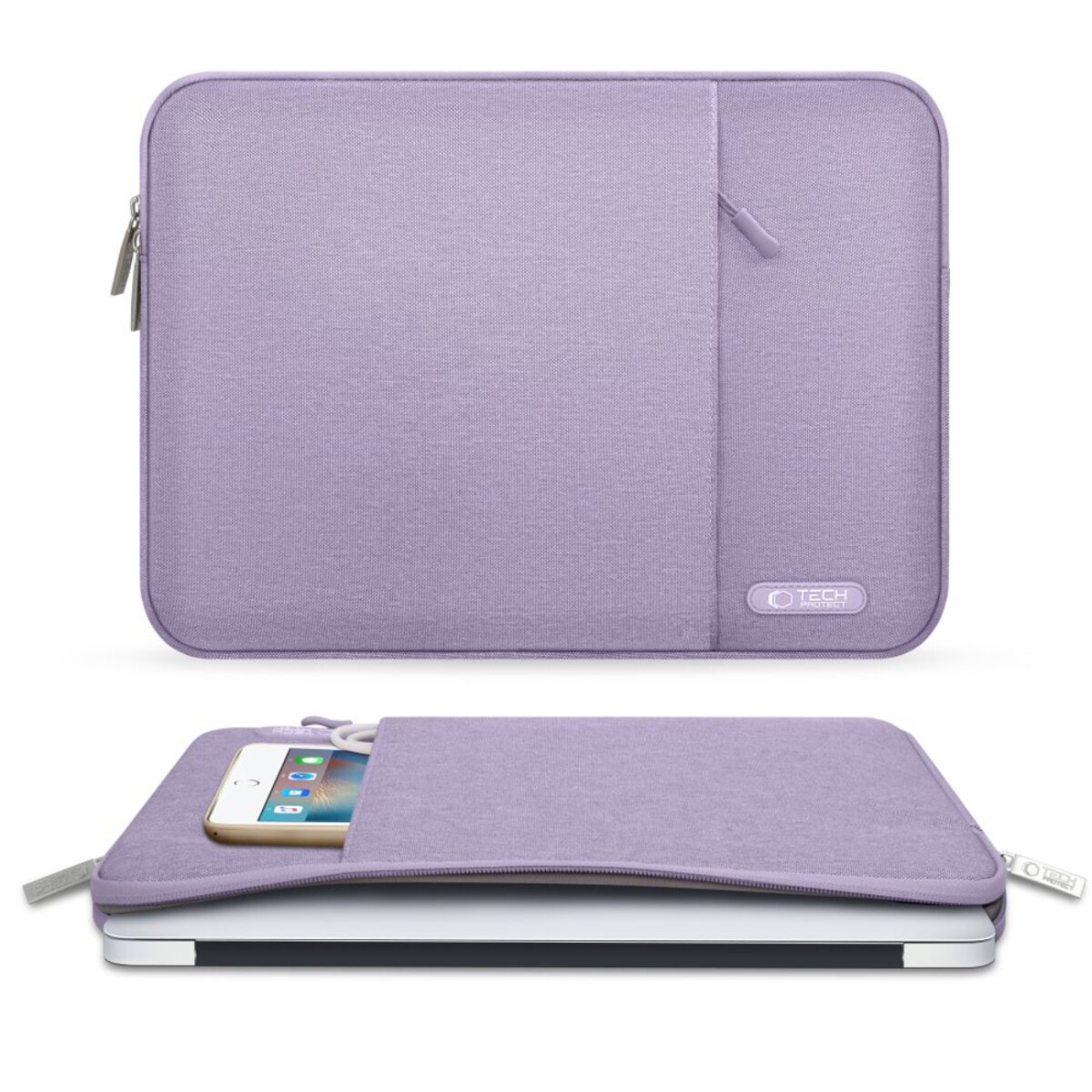 Lila Laptoptasche mit Reißverschluss und Fronttasche, die ein Smartphone enthält.