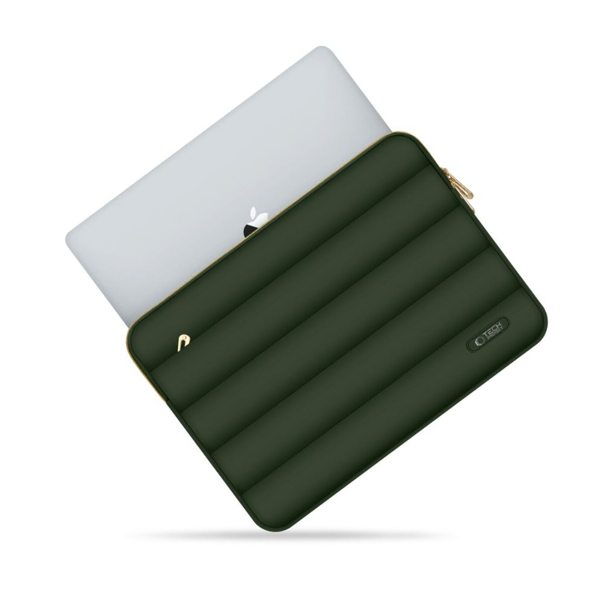 Dunkelgrüne Laptop-Hülle mit Reißverschluss und einem MacBook.