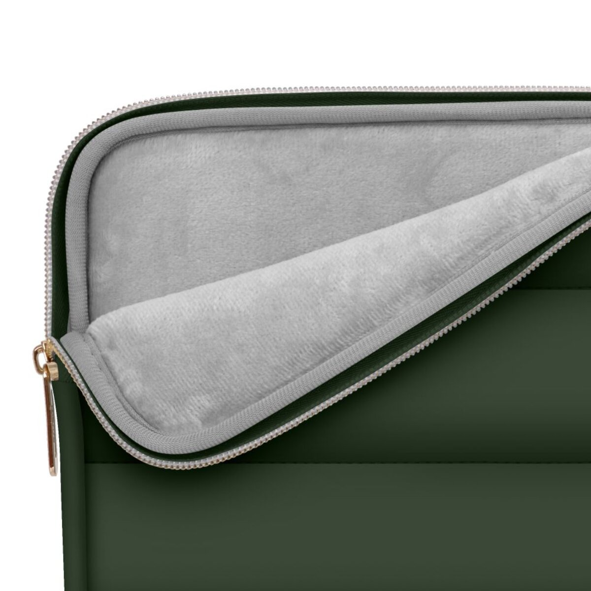Dunkelgrüne Laptoptasche mit Reißverschluss und grauem Plüschfutter.