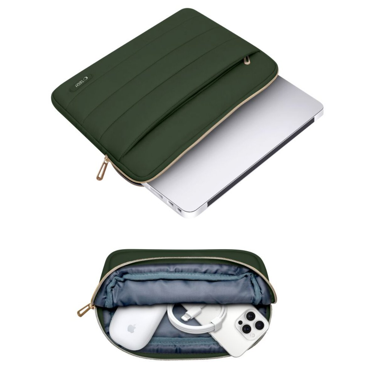 Dunkelgrüne Laptoptasche mit Reißverschluss, gefüllt mit einem Laptop, Maus, Kabel und Handy.