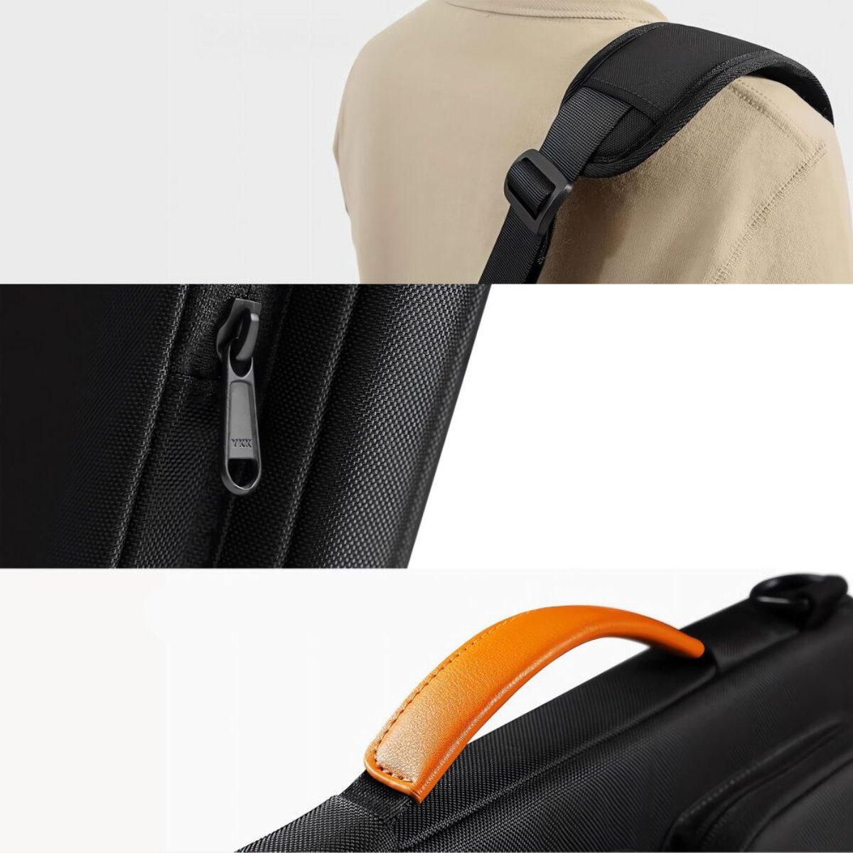 Detailansicht einer schwarzen Tasche mit Reißverschluss und orangefarbenem Griff.