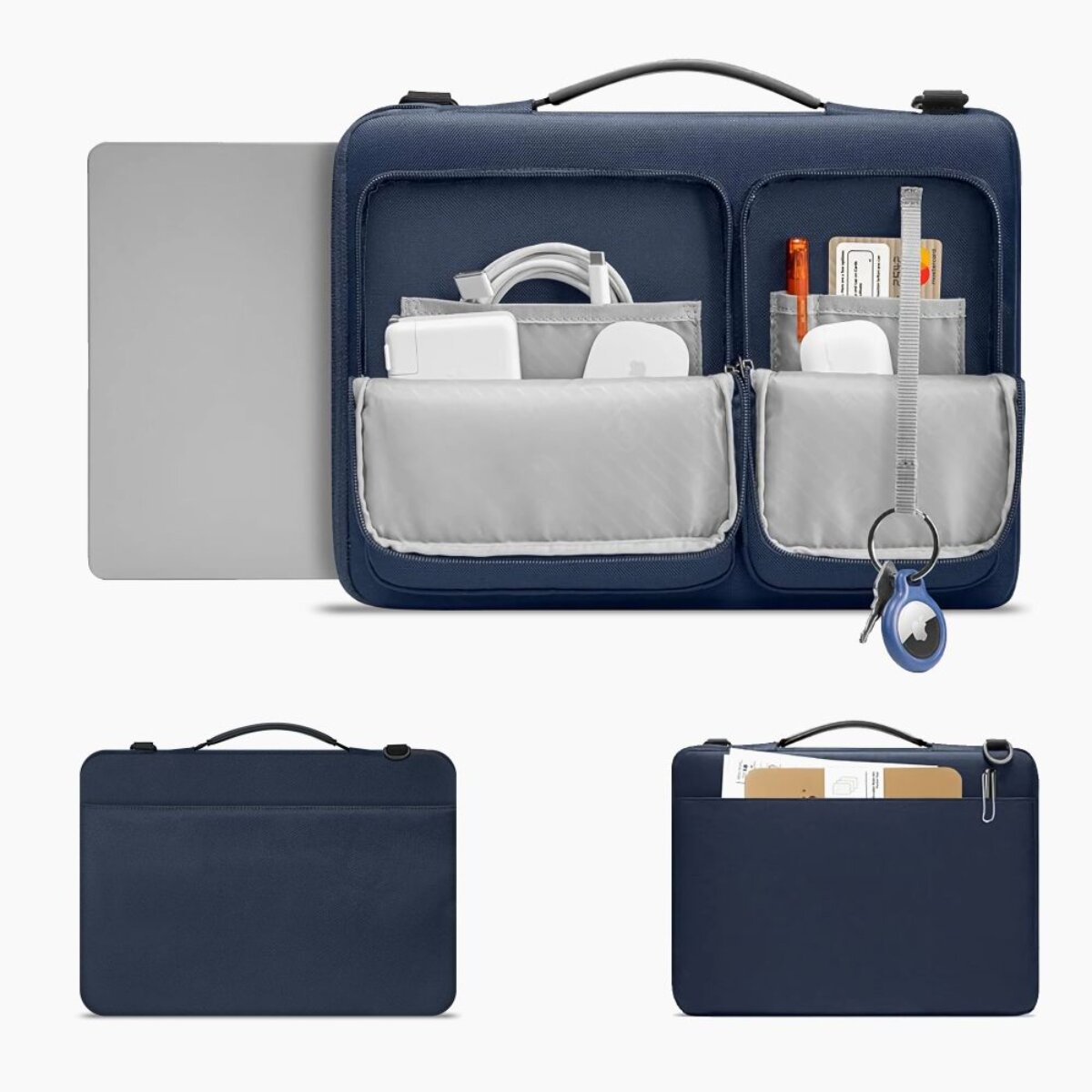 Dunkelblaue Laptoptasche mit Fächern für Zubehör und einem Laptop.