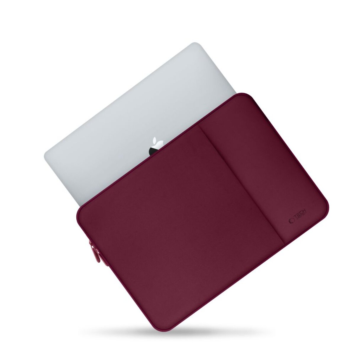 Ein silberner Laptop mit Apfel-Logo in einer weinroten Laptoptasche.