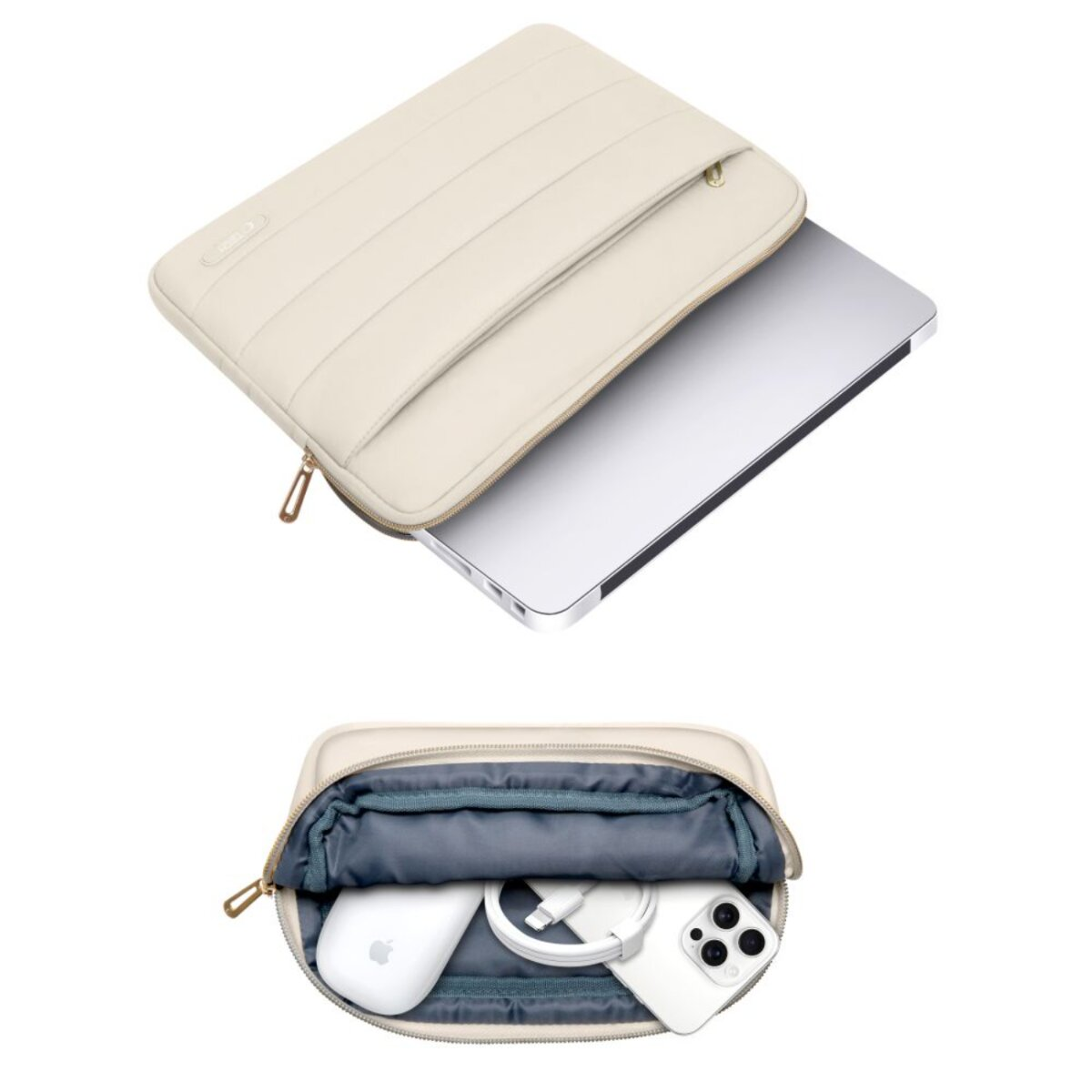 Cremefarbene Laptoptasche mit teilweise eingesetztem Laptop. Geöffnete Tasche zeigt iPhone, Maus und Ladegerät.