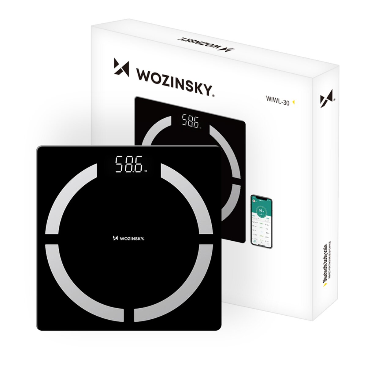Schwarze digitale Personenwaage von Wozinsky mit einer Anzeige von 58,6.