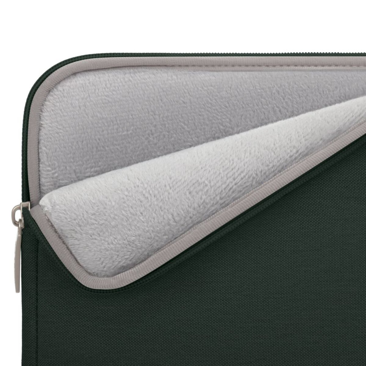 Dunkelgrüne Laptoptasche mit flauschigem Innenfutter und Reißverschluss.
