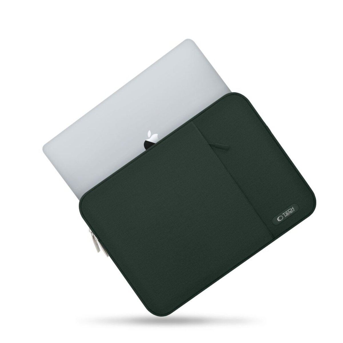 Ein silberner Laptop mit einem grünen Sleeve, auf weißem Hintergrund.