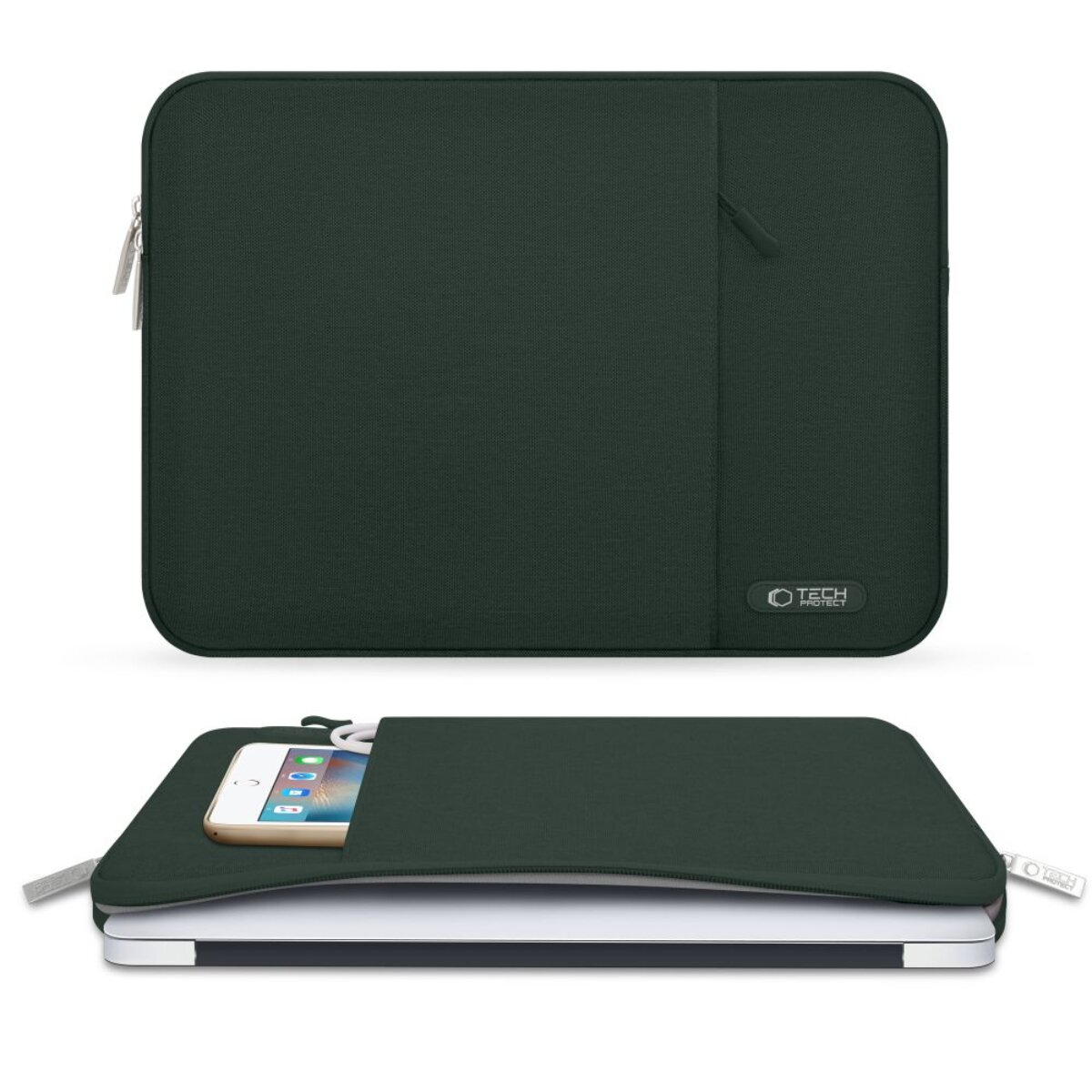 Dunkelgrüne Laptoptasche mit Reißverschluss. Ein Smartphone steckt in der Vordertasche.