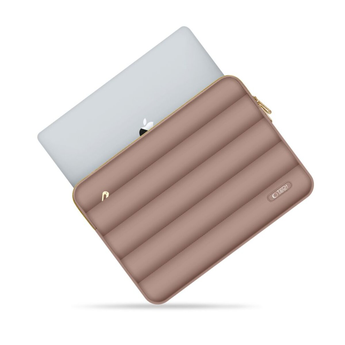 Ein Laptop in einer rosafarbenen, gepolsterten Hülle mit Reißverschluss.