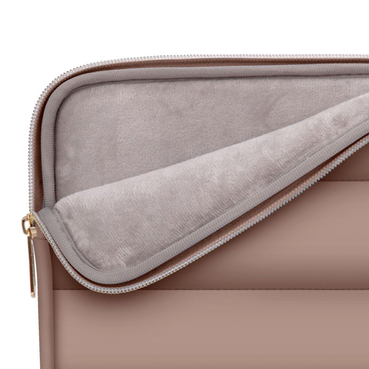 Eine rosafarbene Laptoptasche mit Reißverschluss und weichem Futter.