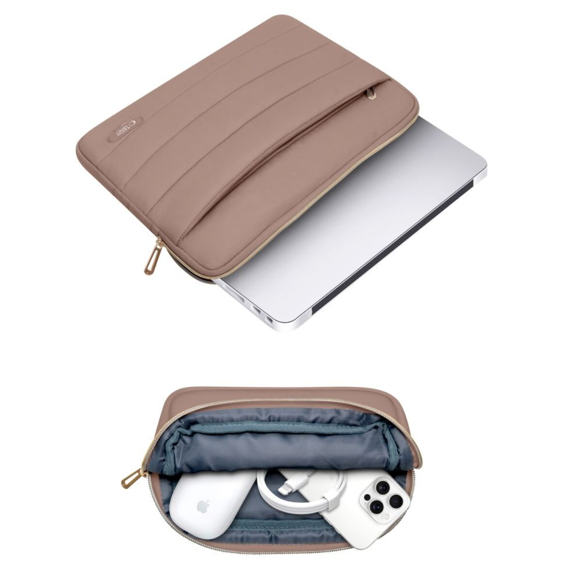 Eine braune Laptoptasche mit Laptop und Zubehör.