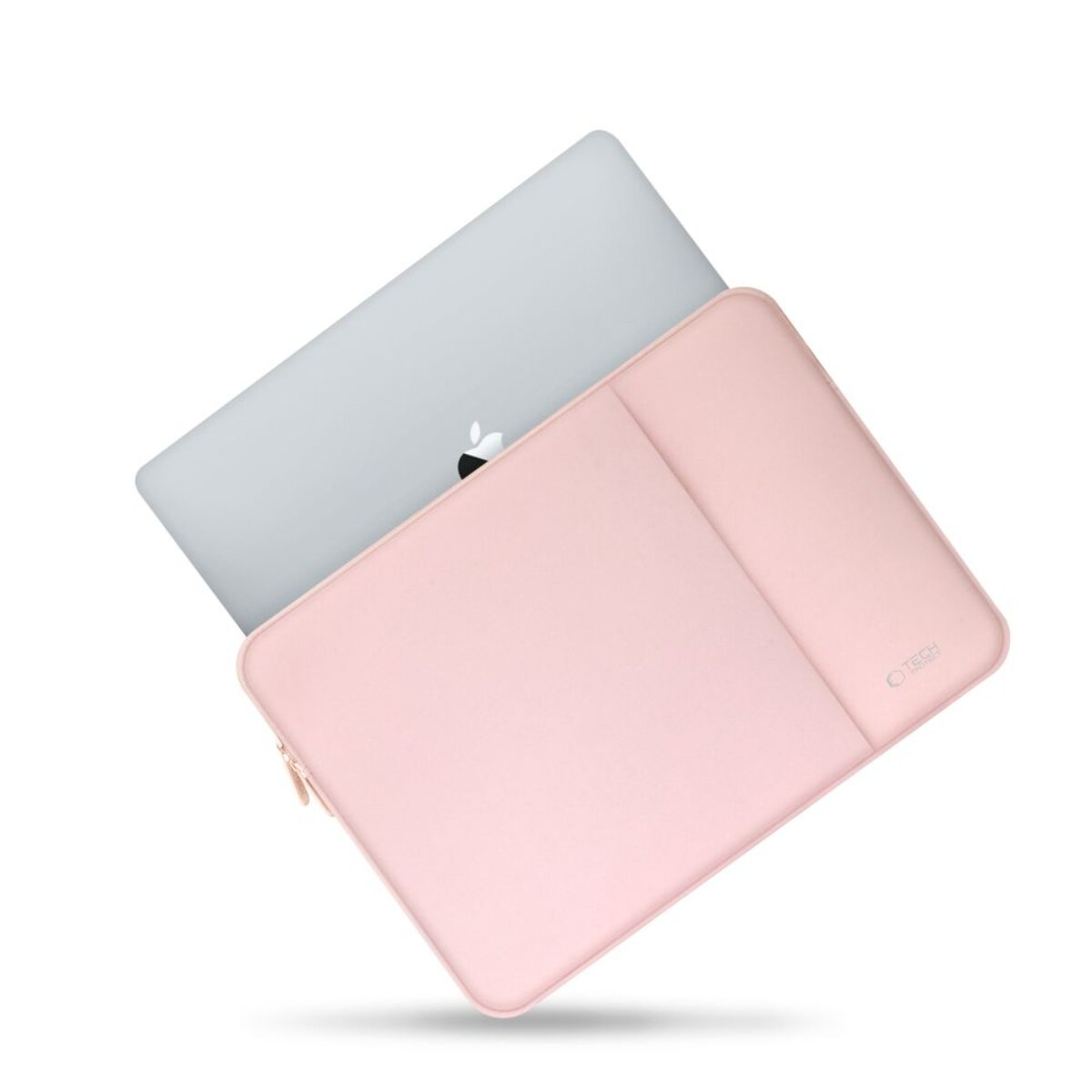 Ein silberner Laptop mit Apfel-Logo in einer rosafarbenen Laptoptasche.