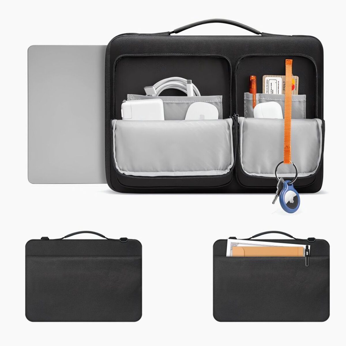 Schwarze Laptoptasche mit offenen Fächern, die Ladegeräte, Kabel, Schlüssel und Karten zeigen.