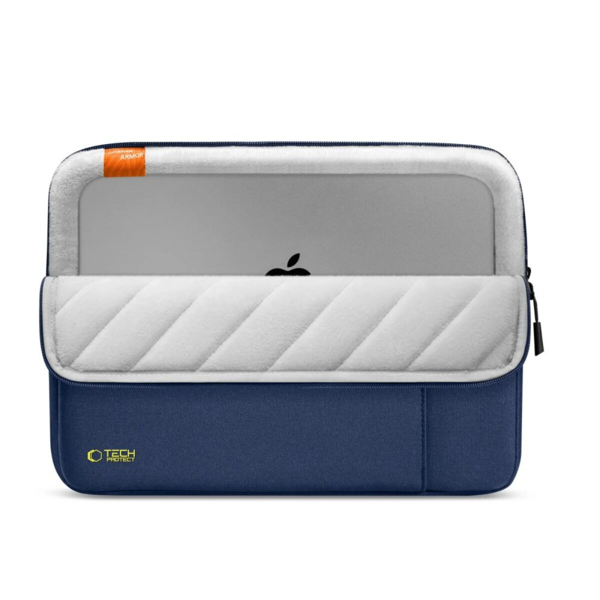 Blaue Laptoptasche mit gepolstertem Innenfutter und Apple-Logo.