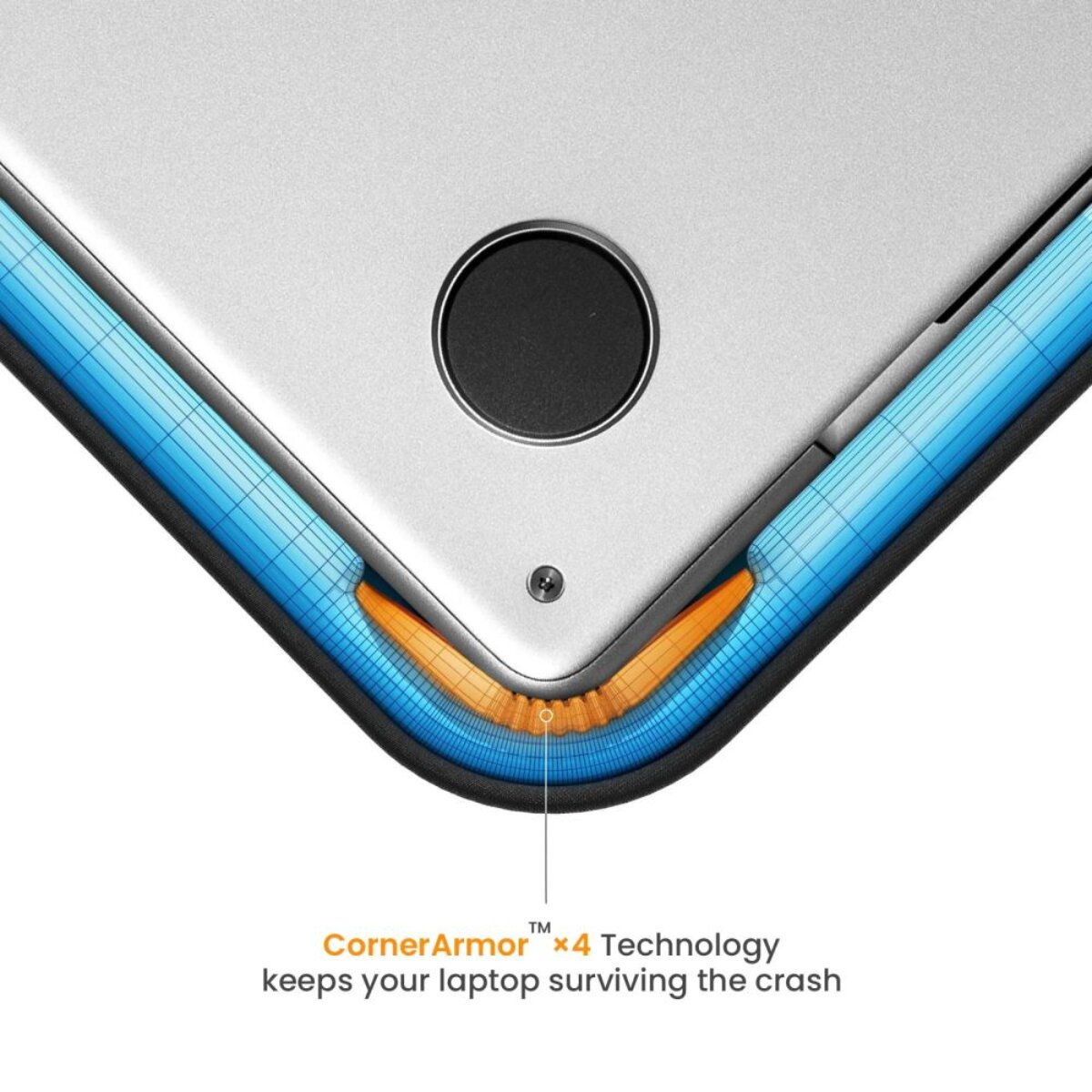Nahaufnahme einer Laptop-Ecke mit CornerArmor-Technologie, die blauen und orangefarbenen Schichten zeigen Stoßdämpfung.