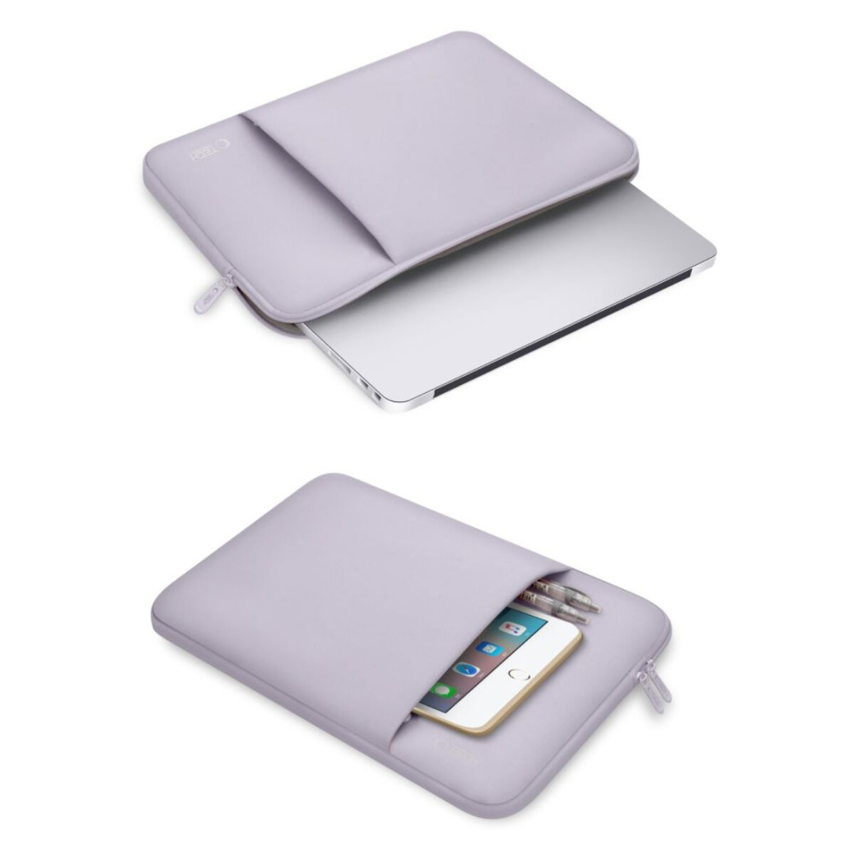 Ein hellviolettes Laptop-Etui mit einem Laptop und einem Smartphone mit Stiften.