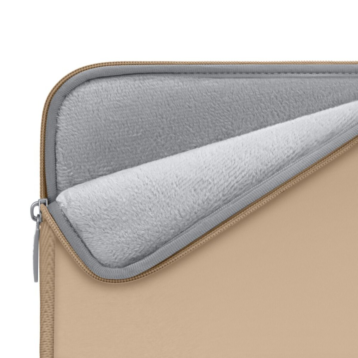 Ein beiger Laptop-Schutz mit weichem, grauem Innenfutter und Reißverschluss.