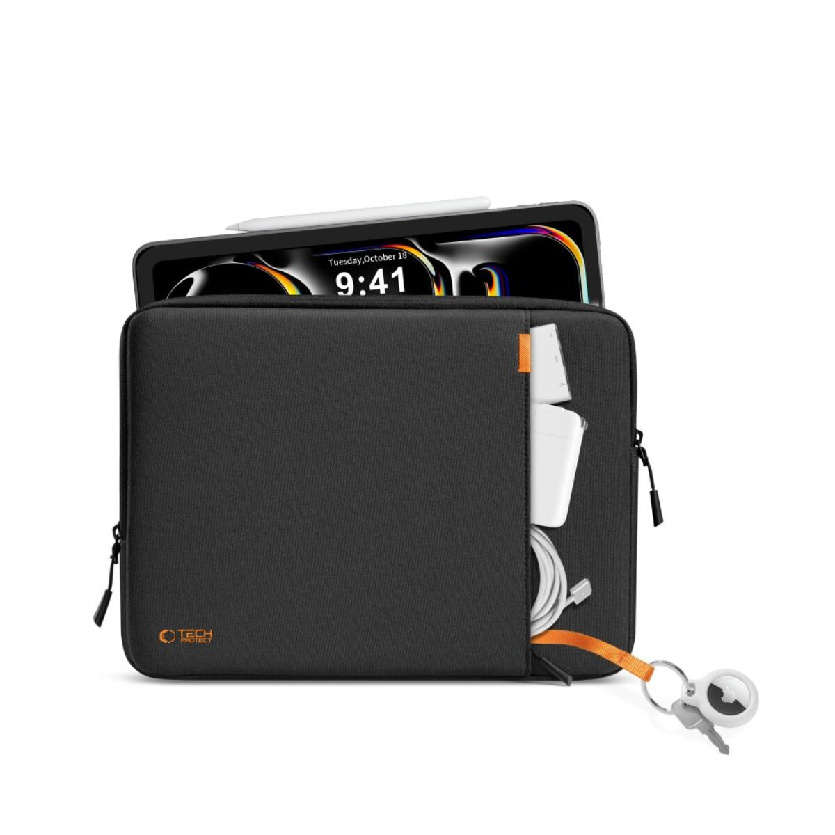 Schwarze Laptoptasche mit Tablet, Stift, Ladegerät, Kabeln, Schlüssel und Anhänger.