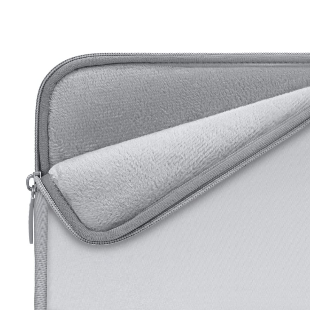 Graue Laptoptasche mit Reißverschluss und flauschigem Innenfutter.