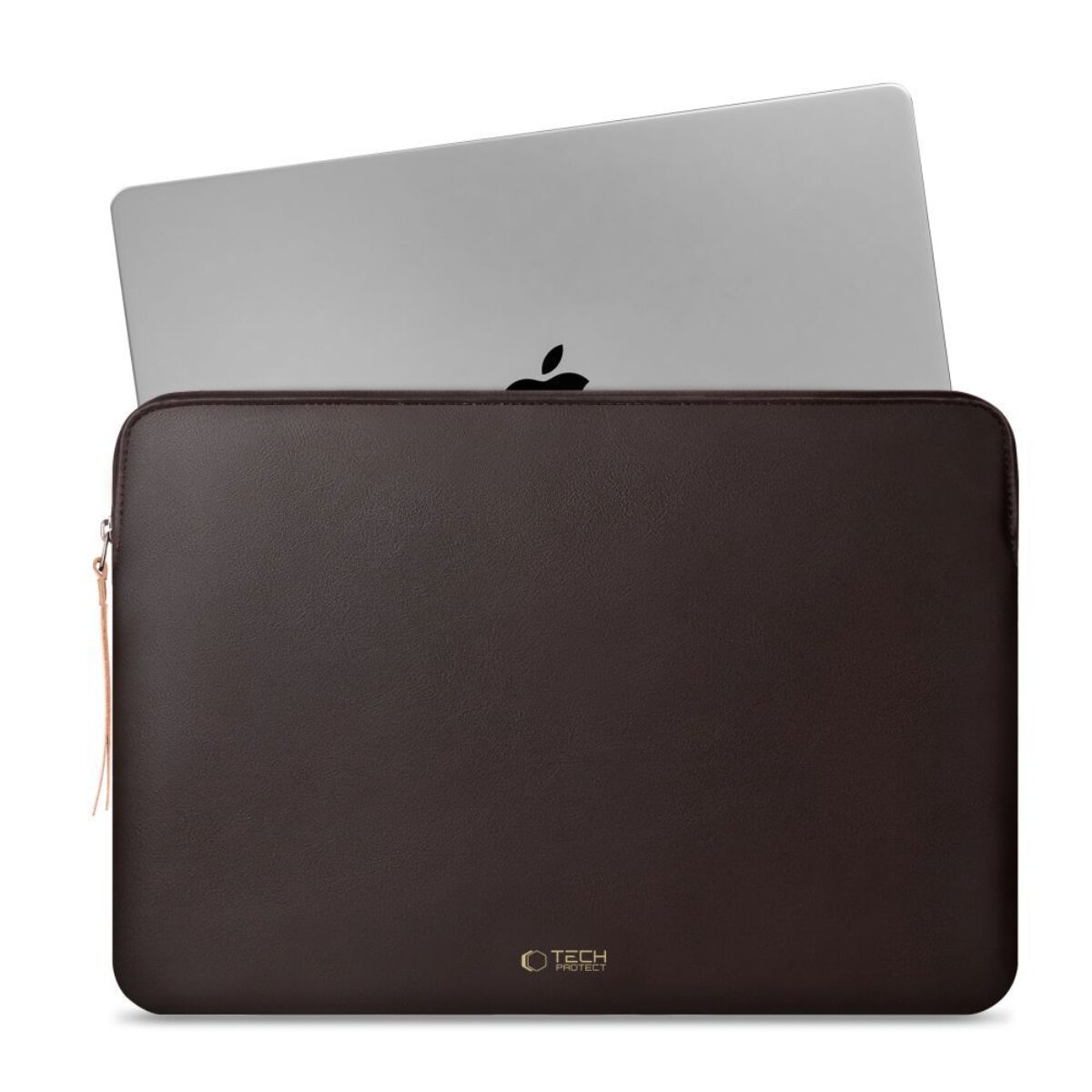 Braune Laptoptasche mit silbernem Apple MacBook.
