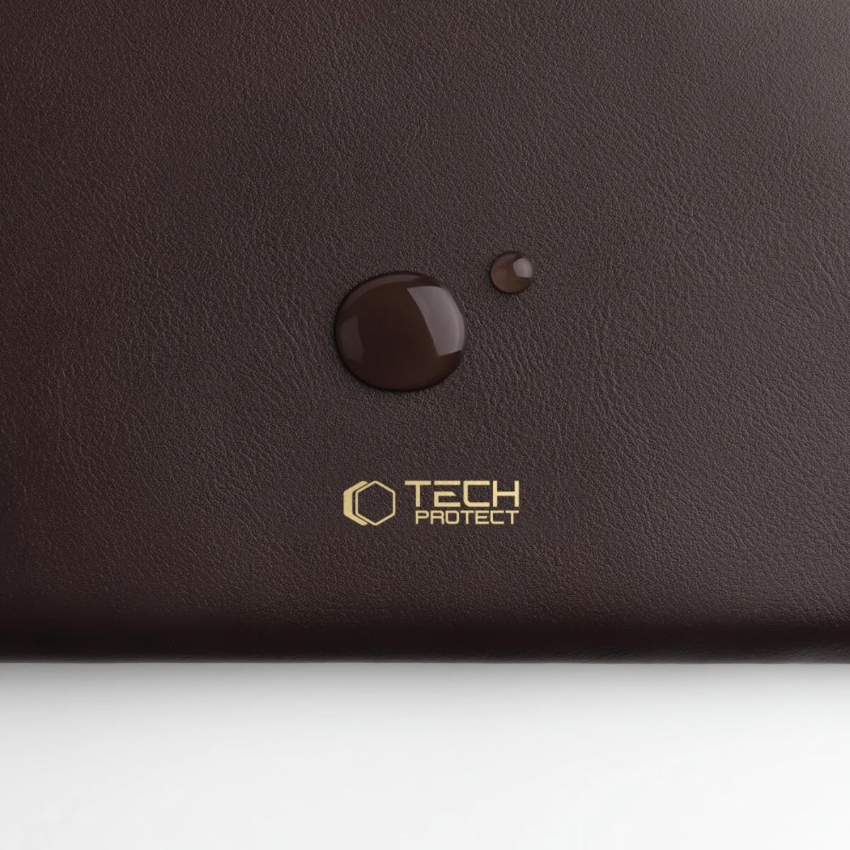 Braunes Leder mit Wassertropfen und Logo. Wasserdicht.