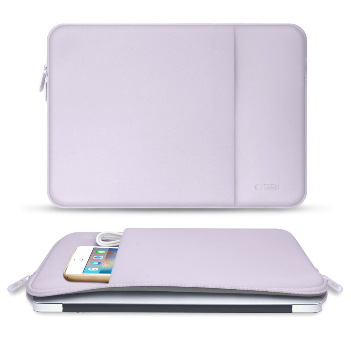 Lila Laptoptasche mit Reißverschluss. Handy und Kabel liegen darin.