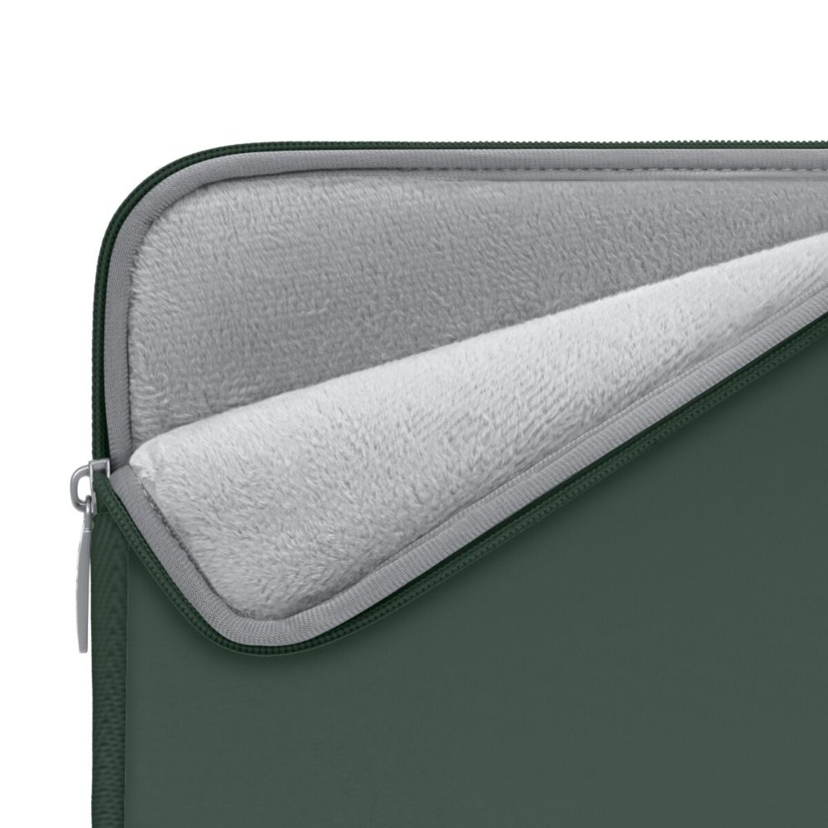 Dunkelgrüne Laptoptasche mit weichem, hellgrauem Innenfutter und offenem Reißverschluss.