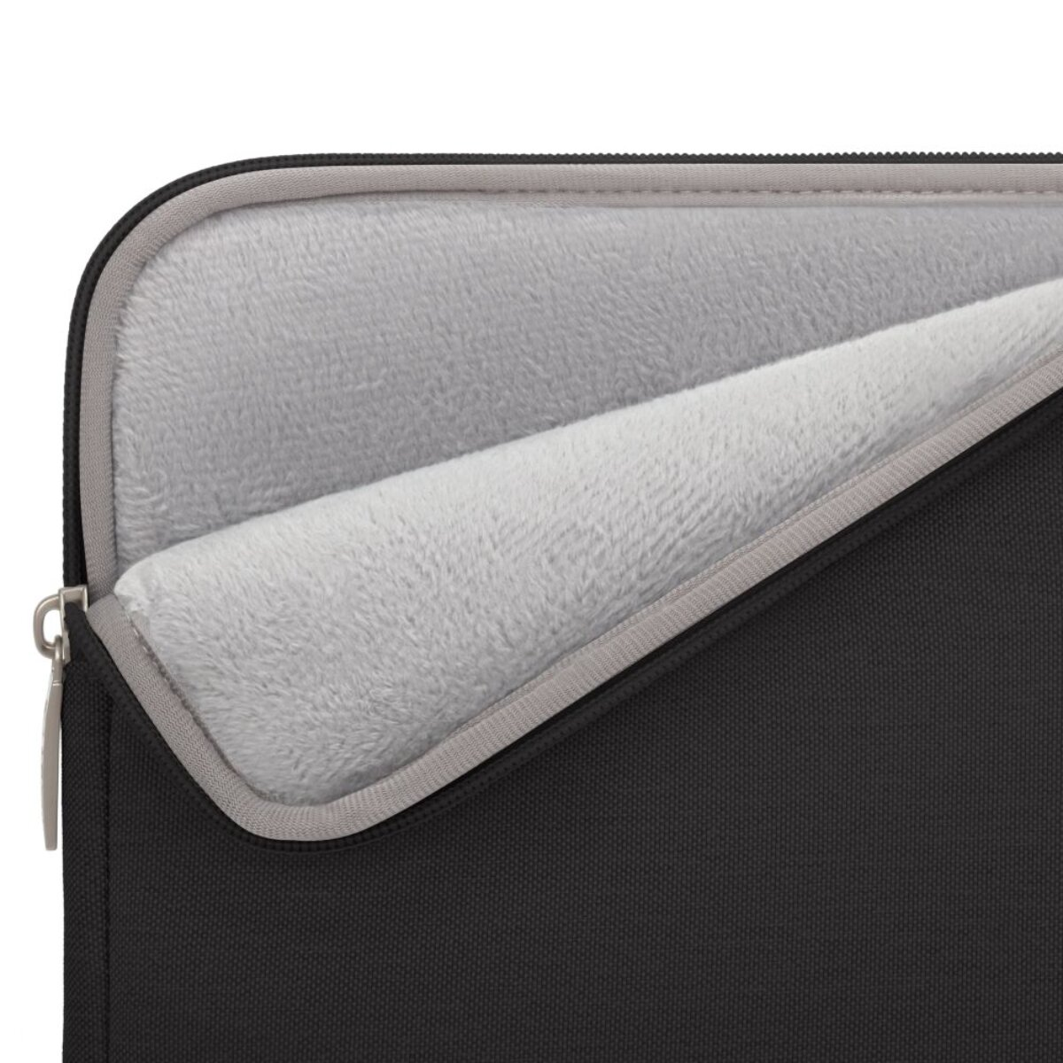 Schwarze Laptoptasche mit weichem, grauem Innenfutter und Reißverschluss.