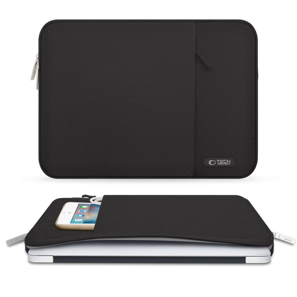 Schwarze Laptoptasche mit Reißverschluss, eine Fronttasche mit Handy.